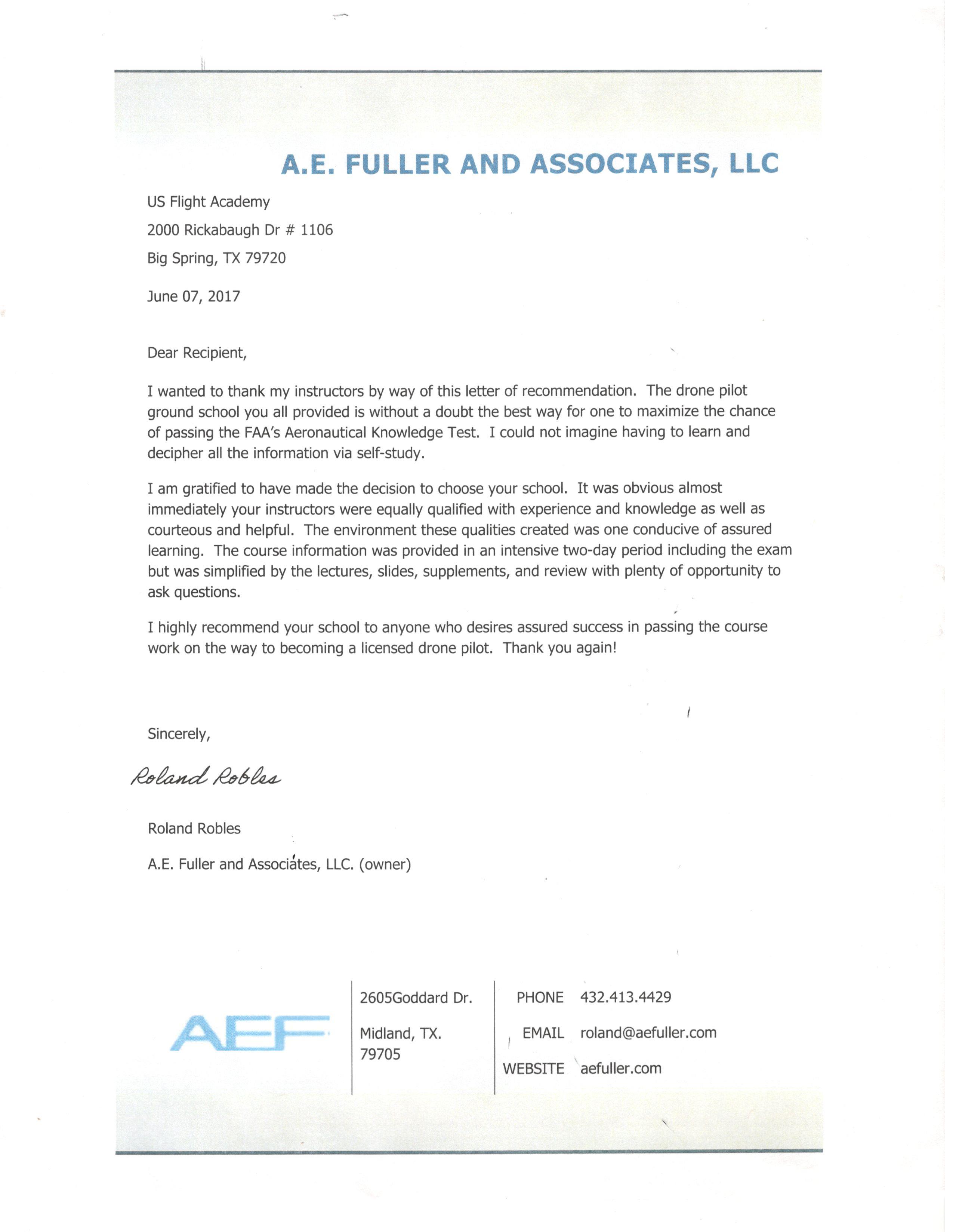 A.E. Fuller and Associates, LLC letter of recommendation